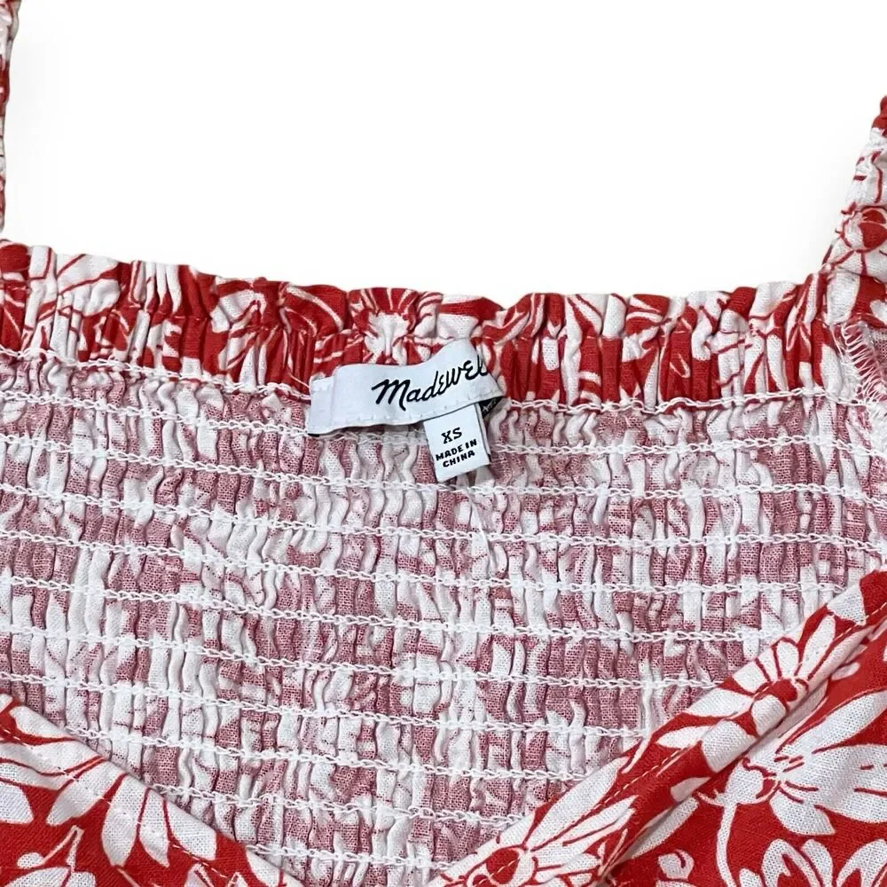 Madewell Anita Abstract Floral Linen Wrap Puff Sleeve Top XS Roasted Squash Red